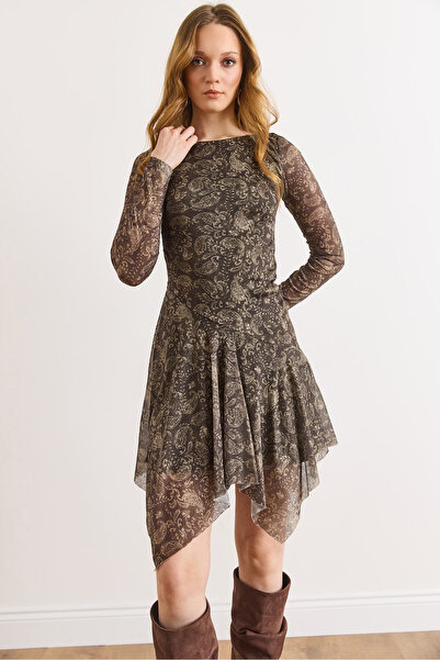 Olalook Women's Green Shawl Pattern Asymmetrical Lined Tulle Dress Elb-19002585