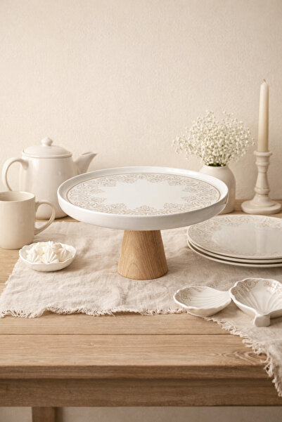 Evila Gold Desenli Porselen Ahşap Ayaklı Sunum Standı – 23,5 cm Pasta, Kek ve...