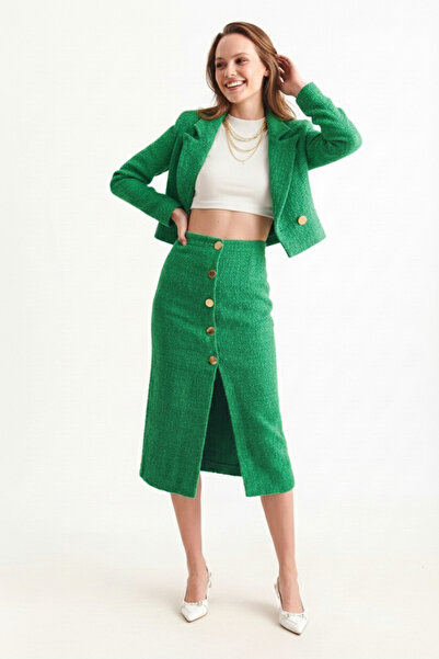 NEW JOURNAL Set jachetă-fustă verde pentru femei cu două rânduri de nasturi c...