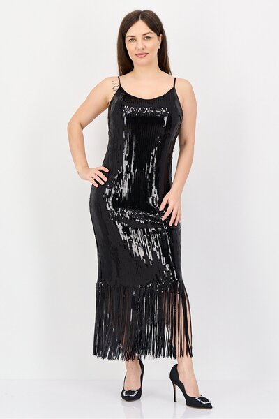 NANETTE LEPORE فستان ميدي أسود مزين بالترتر والشراريب للنساء