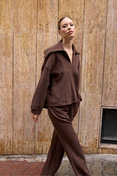 NEW JOURNAL Guler maro cu jumătate de fermoar pentru femei Oversize set din d...