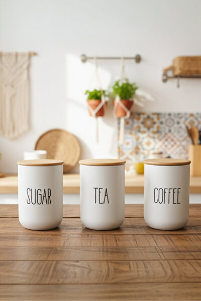h homerest 3'lü Bambu Kapaklı Cam Kavanoz Seti, Coffee Tea Sugar Cam Kavanoz ...