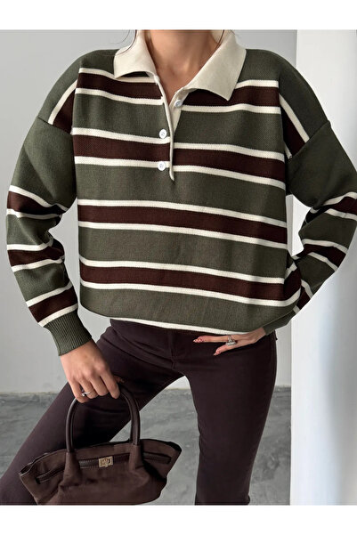 Trend Marfa Striped Shirt Collar Knitwear Sweater