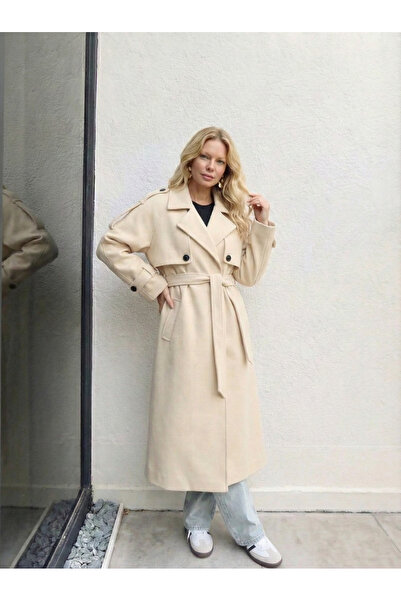 NEW JOURNAL Women's Stone Epaulet Detail Belted Oversized Long Cashmere Coat ...