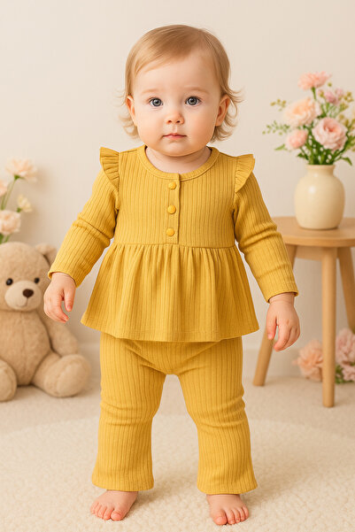 Bebelul Girls' Set Rib Mustard Ruffle Blouse Elastic Pants