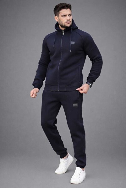 Fors Life Navy Blue Men's Fleece Lined K Hooded Tracksuit Set