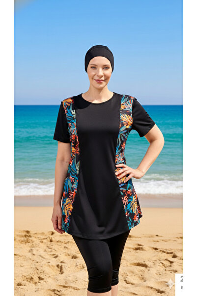 ROZAMAY Short-Sleeved Plus-Size Semi-Veiled Swimwear with Patterned Sides
