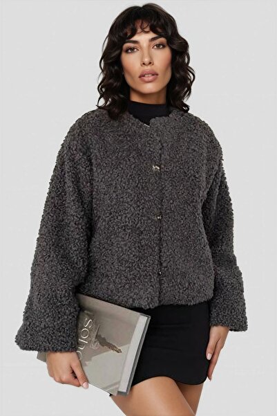 Trend Alaçatı Stili Kadın Antrasit Önü Düğmeli Tüylü Ceket Alc-X15036