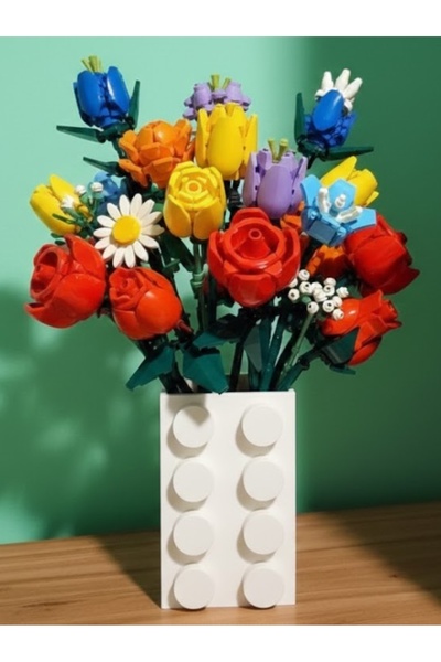 Mutlu Tasarım Lego Çiçekleri İle Uyumlu Vazo Hediyelik Vazo (Çiçekler Dahil D...