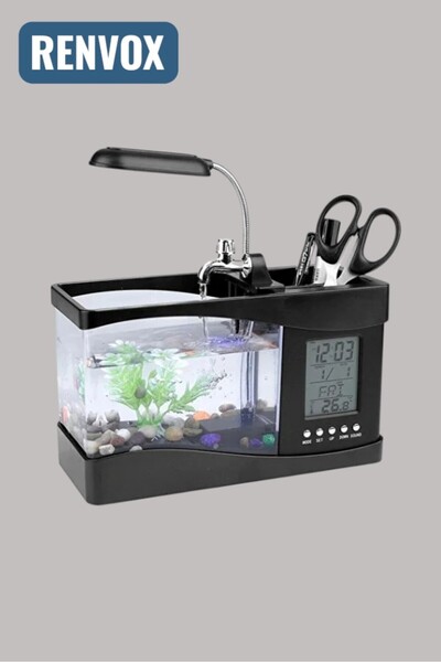Renvox LED Işıklı Mini Akvaryumlu Masaüstü Organizer - Saat, Takvim, Termomet...