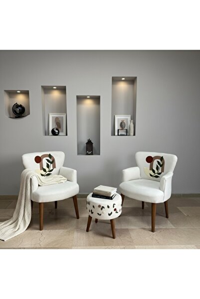 Azra Mobilya Punch Model Çay Seti | 2 Berjer + Puf | Desenli Butik Koltuk Tak...
