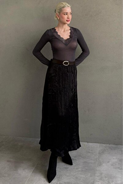 Madmext Black Crinkle Pattern Belted Pocket Long Skirt Mg2661