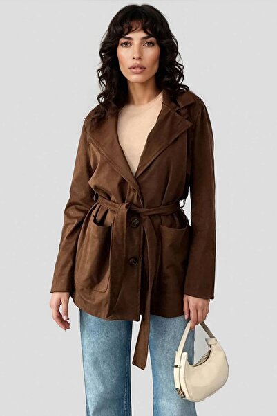 Trend Alaçatı Stili Women's Brown Self-Belted Short Suede Jacket Alc-X15031