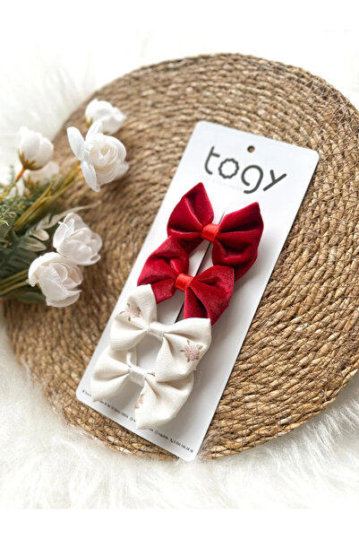 aysskids Bordo Kadife Ve Çiçek Desenli Beyaz Fiyonk Kız Çocuk Bebek Toka Seti