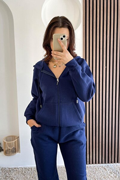 Crep جاكيت بقلنسوة بجيبين وثلاث خيوط - أزرق داكن LACİVERT