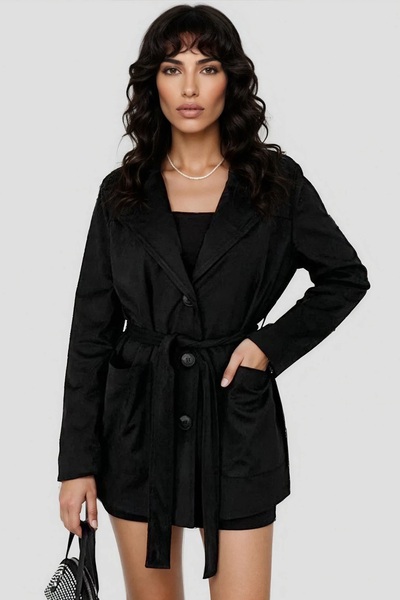 Trend Alaçatı Stili Women's Black Self-Belted Short Suede Jacket Alc-X15031