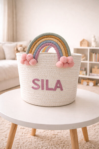 Berçak Home İsimli Gökkuşaklı Çocuk & Bebek Odası Düzenleyici Sepet – 24x22 cm