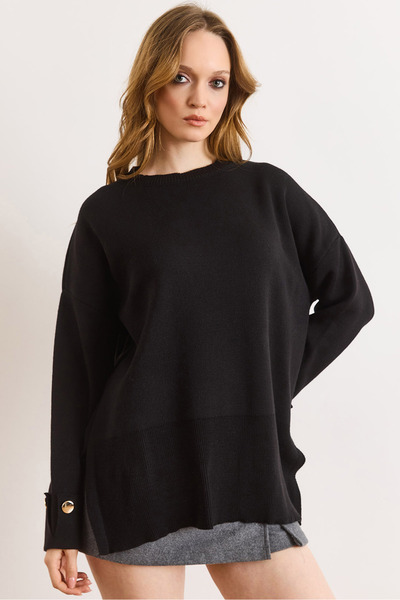 Olalook Women's Black Cuff Buttoned Slit Knitwear Sweater Kzk-19001110