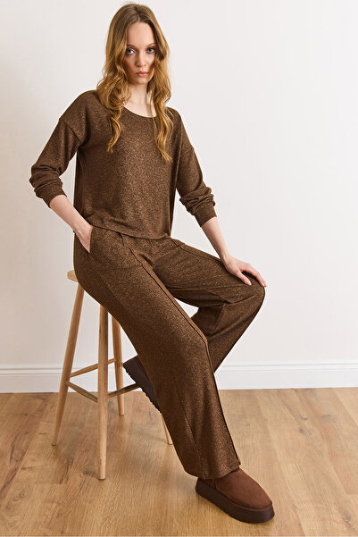 Olalook Women's Brown Pants Blouse Loose Fit Soft Set Tkm-19000472