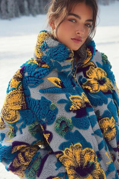 LAGRANZE Women's Floral Patterned Hooded Teddy Plush Short Coat