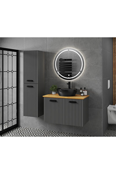 ROSEART BANYO 80CM ANTRASİT BANYO DOLABI SETİ AYNA + ALT MODÜL + BOY DOLAP + ...