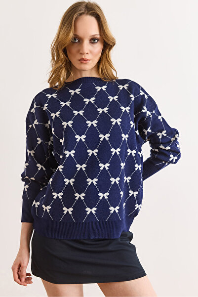 Olalook Women's Navy Blue Fiyok Baklava Patterned Knitwear Sweater Kzk-19001123