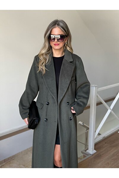 2she Double-Breasted Collared Long Wool Coat - Khaki