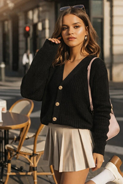 COMBİNE MİCHAİL Women's Pleated Winter V-Neck Black Knit Sweater