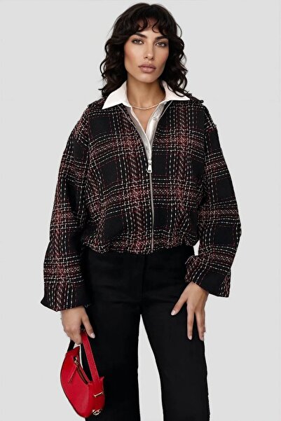 Trend Alaçatı Stili Women's Black Tweed Jacket with Elastic Sleeves and Waist...