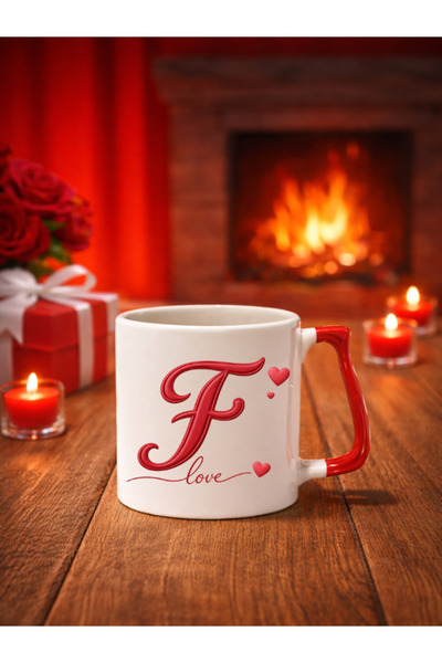 cekud tasarım baskı Sevgililer Günü Temalı Harfli Kupa Bardak (F Harfi)