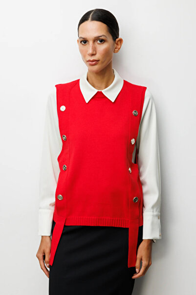 ON TRİKO Ornamental Buttoned Crew Neck Sweater 69310