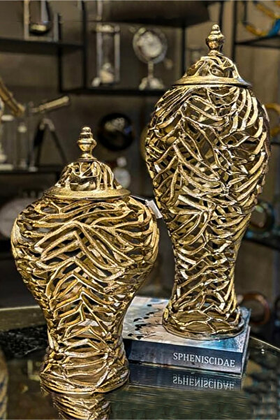 LEMİ DEKORASYON 2 Li Döküm Dekoratif Kapaklı Gold Küp 39-52 Cm