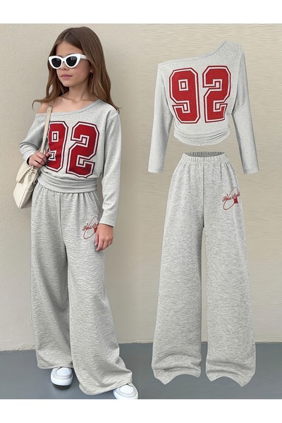 buendiakids Kız Çocuk Gri 92 Baskılı Kayık Yaka Model Geniş Paça Eşofman Takımı