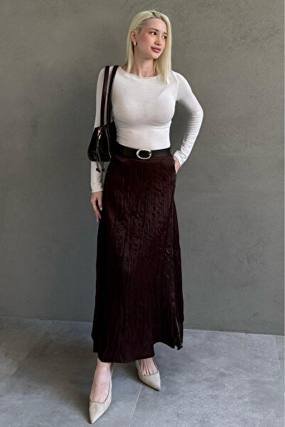 Madmext Brown Wrinkled Pattern Belted Pocket Long Skirt Mg2661