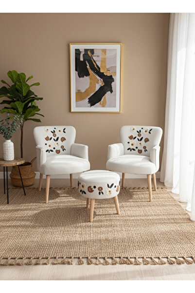 Azra Mobilya Punch Model Çay Seti | 2 Berjer + Puf | Desenli Butik Koltuk Tak...