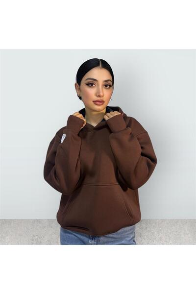 Kahverengi Oversize İçi Polarlı Sweatshirt