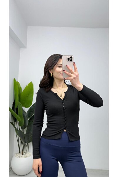 TUNAM BUTİK 4112 Gathered Button Detailed Blouse Black