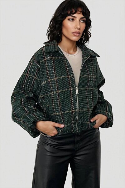 Trend Alaçatı Stili سترة نسائية من التويد باللون الأخضر الزيتوني مع أكمام وخص...