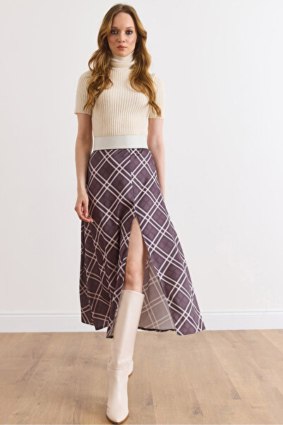 Olalook Women's Anthracite Zippered Slit Detailed Plaid Satin Skirt Etk-19000386