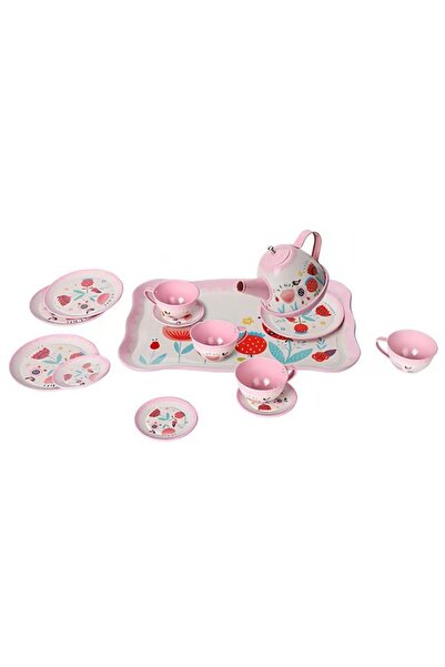 Online 15 Parça Desenli Metal Çaydanlık Seti Tepsili Çay Fincan Seti Pembe Renk