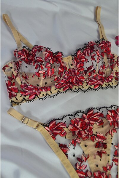 RUVA Kırmızı Çiçeklı İç Çamaşırı Takımı (Balenli Sütyen)
