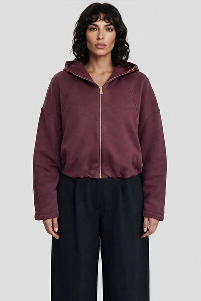 Trend Alaçatı Stili Women's burgundy Hooded elastic waist bomber jacket alc-x...