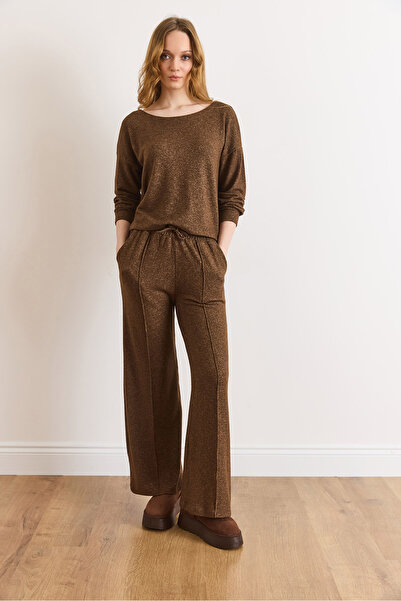 Olalook Kadın Kahverengi Pantolon Bluz Loose Fit Yumoş Takım TKM-19000472