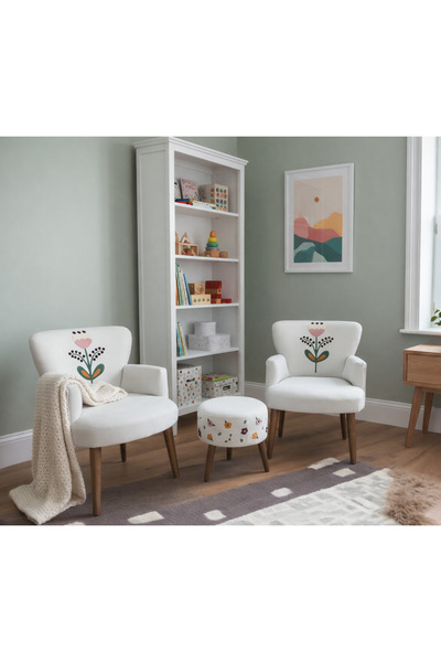 Azra Mobilya Punch Model Çay Seti | 2 Berjer + Puf | Desenli Butik Koltuk Tak...