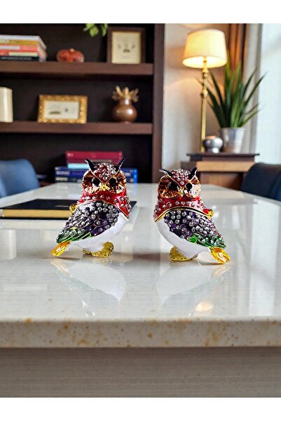 U&M GİFT Dekoratif 2’li Baykuş Biblo Seti 6,5×6 cm (Taşlı Kırmızı Renk)