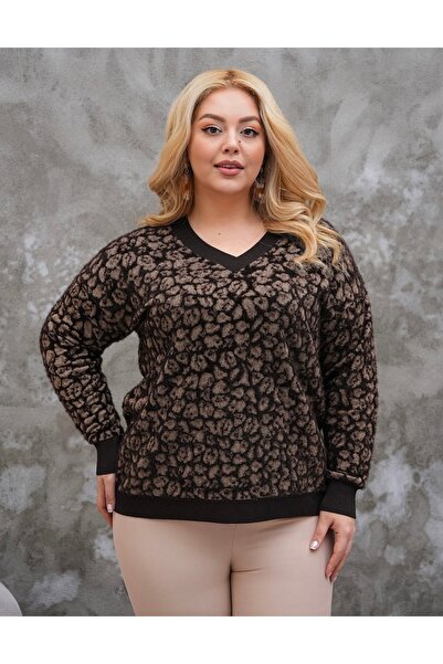 D LAVELLA Kahverengi BÜYÜK BEDEN V yaka leopar desenli yumoş kazak(44-50 bede...