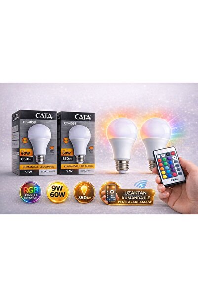 Cata RGB LED Ampul Kumandalı 9W (60W) | Renkli + Beyaz Işık | E27 Duy | 850 L...