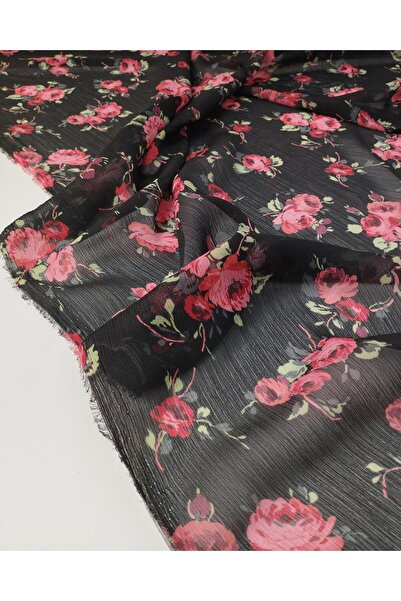 Kumaş Parça Siyah Gül Desenli Kırinkıl Şifon (En 140 cm x Boy 235 cm)