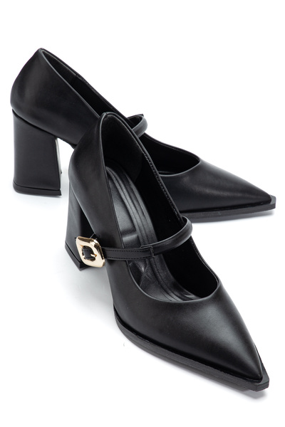 ELEVAM Black Leather Heeled Women's Shoes with Gold Buckle