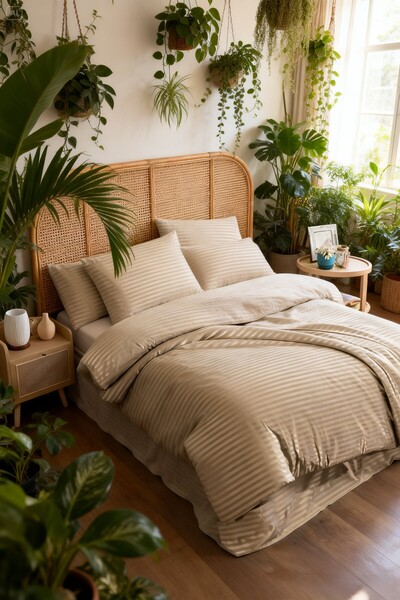 serelya Σετ Παπλωματοθήκης Διπλό Σατέν - Ριγέ - Σατέν Ύφασμα - 100% Βαμβάκι